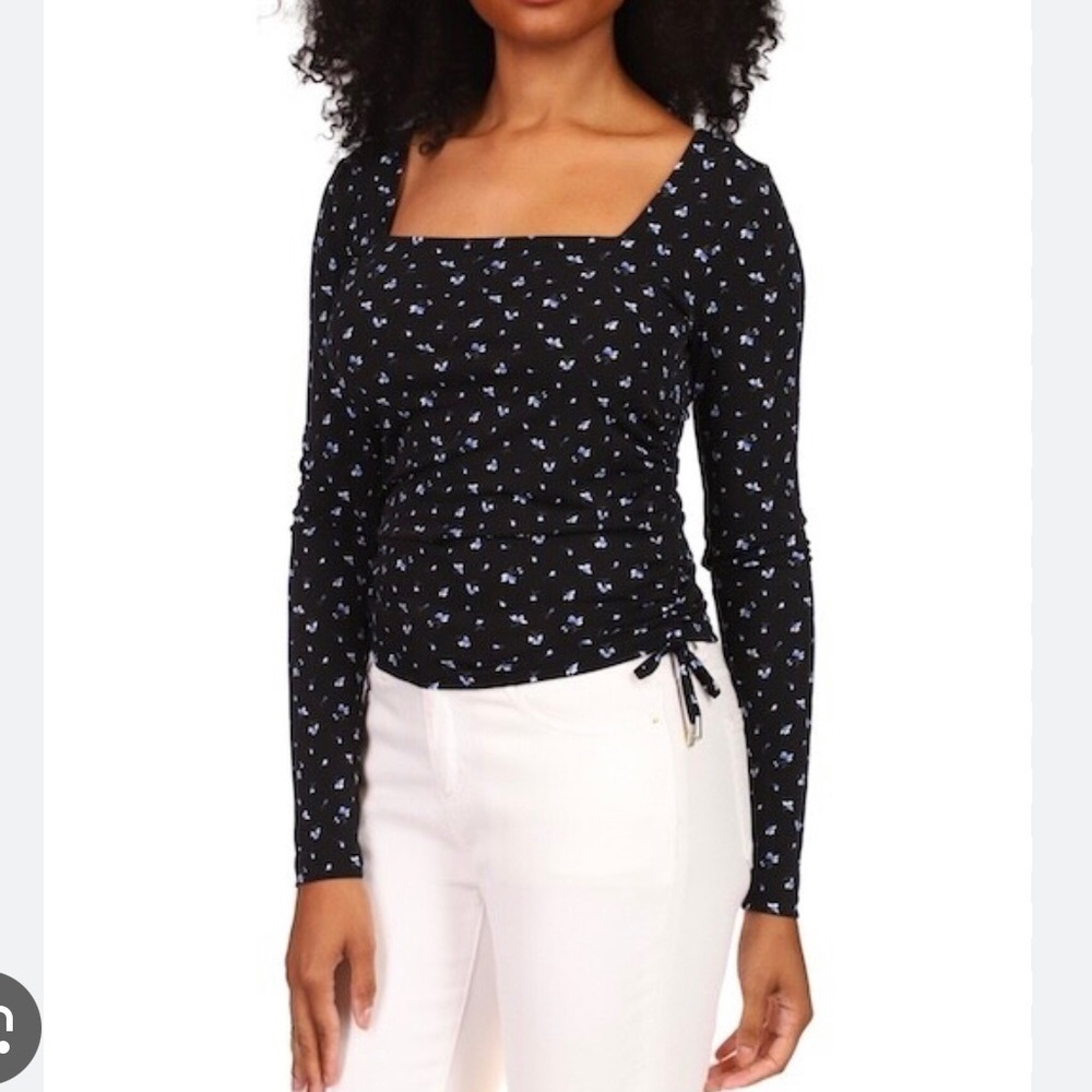 Michael Kors Black Floral Print Side Ruched with Gold Logo Ties Top Size L